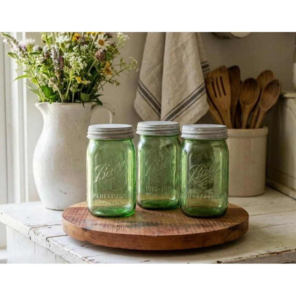 3 Apple Green Ball Mason Jars Wide Mouth Quart Heritage w Galvanized Lids